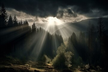 Rays of light shining through dark clouds. Generative AI