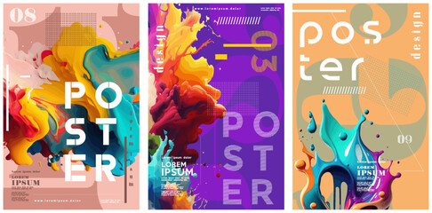 Abstract art design. Stiff, liquid, molten objects. Set of vector illustrations. Posters and musical covers, prints. Typography design and vectorized 3D illustrations on the background.  © Martin