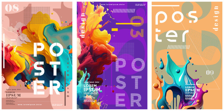 Abstract art design. Stiff, liquid, molten objects. Set of vector illustrations. Posters and musical covers, prints. Typography design and vectorized 3D illustrations on the background. 