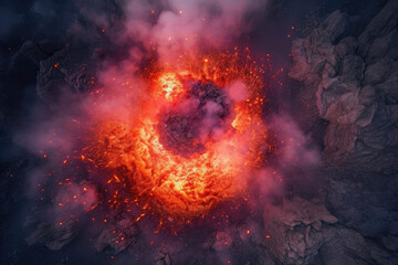Volcanic eruption from above. Aerial view. Created with Generative AI technology.