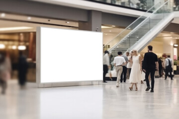 Empty white mockup billboard in the mall. Created with Generative AI technology.