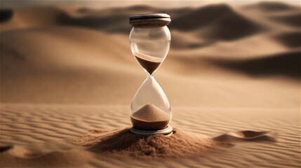 sand runs through an hourglass and stands in the desert, generativ AI