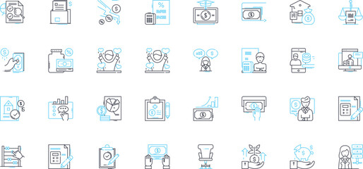 Investments and savings linear icons set. Diversification, Compound, Interest, Portfolio, Equity, Bonds, Capital line vector and concept signs. Inflation,Volatility,Risk outline illustrations