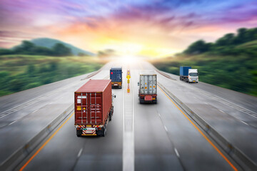 Obraz na płótnie Canvas Truck transport with red container on highway road at sunset, motion blur effect, logistics import export background and cargo transport industry concept