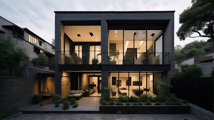 the exterior of an architectural narrow house design with brick walls 5