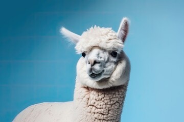Obraz premium close up portrait of a llama against a vibrant blue background. Generative AI