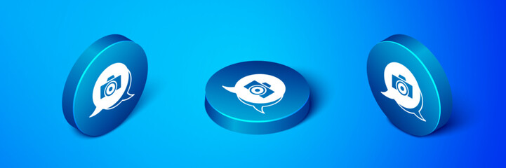 Isometric Photo camera icon isolated on blue background. Foto camera. Digital photography. Blue circle button. Vector
