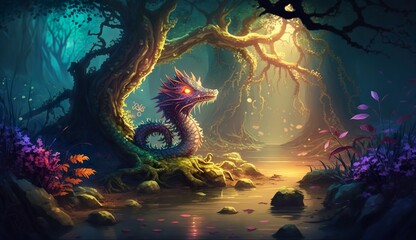 Fototapeta na wymiar Fantasy forest with a dragon