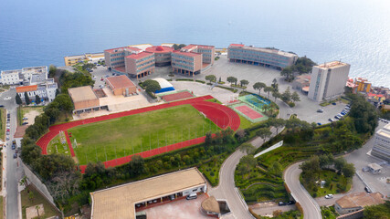 Aerial view of the Italian Air Force Academy in Pozzuoli, near Naples, Italy. It is a military school overlooking the Mediterranean Sea.