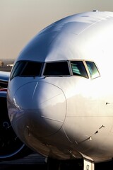 A vertical shot of a white wide body commercial jet airplane parked in an airport landing area