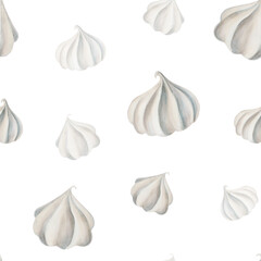 Watercolor seamless pattern with meringues. Hand painting sweet on a white isolated background. For designers, menu, shop, polygraphy,bar, bistro, restaurant, for postcards, wrapping paper, covers