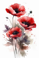 Red Flowers Watercolor Drawing - Nature Theme - Generative AI