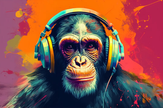Monkey or chimpanzee listening to music with headphones on head - Hippster theme or listening to music - Generative AI