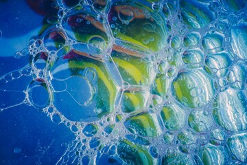 A closeup shot of soap bubbles with blue details