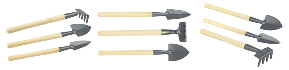 set of rakes and shovels for houseplant care isolated from background