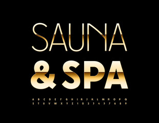 Vector premium Sign Sauna and Spa. Slim Golden 3D Font. Modern set of Alphabet Letters and Numbers