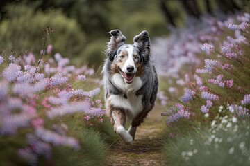 AI GENERATIVE, Border collie running and jumping along a path of flowers