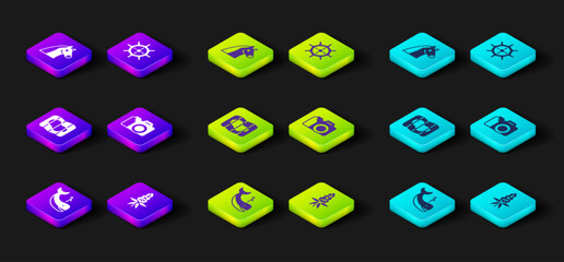 Set Whale, Lupine flower, Map of Iceland, Photo camera, Ship steering wheel and Horse icon. Vector