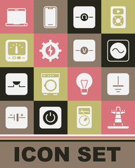 Set Electric tower line, Electrical symbol ground, AC voltage source, Ohmmeter, Gear and lightning, Ampere multimeter, Laptop and Voltmeter icon. Vector