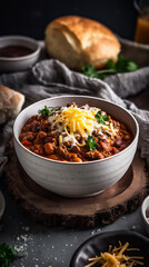 Classic Beef Chili in a deep white bowl with cheese