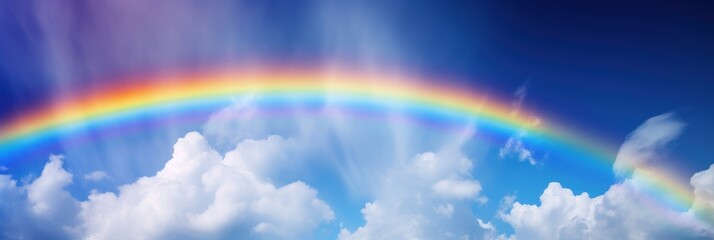 Rainbow on blue sky background, Beautiful rainbow cloudy sky after rain. Generative AI