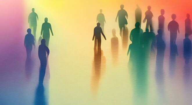 Abstract silhouettes or shadow people in a rainbow colored world with copy space generative ai illustration