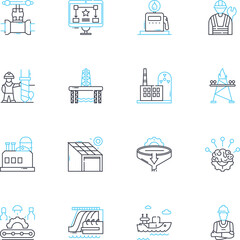 Industrial estate linear icons set. Manufacturing, Z, Industrialization, Factories, Warehouses, Trade, Infrastructure line vector and concept signs. Development,Production,Logistics outline