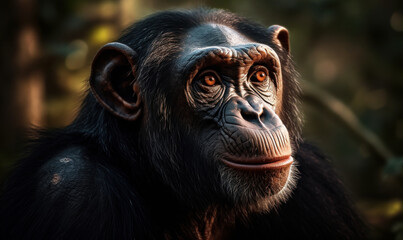 close up photo of chimpanzee on blurry natural forest background. Generative AI