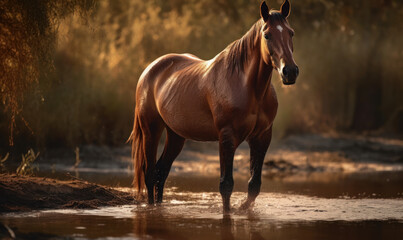 photo of Cleveland Bay (breed of horse) standing in water on forest background. Generative AI