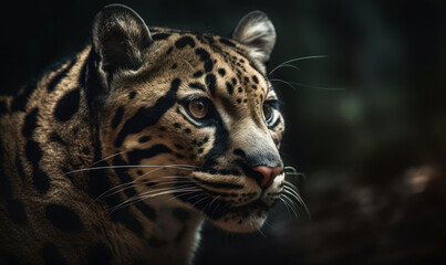 close up photo of clouded leopard on blurry bokeh forest background. Generative AI