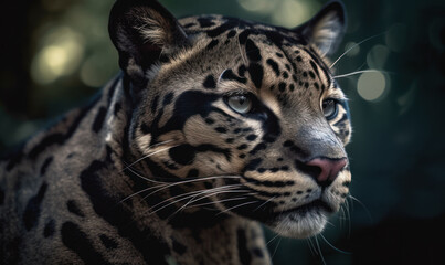 Naklejka premium close up photo of clouded leopard on blurry bokeh forest background. Generative AI