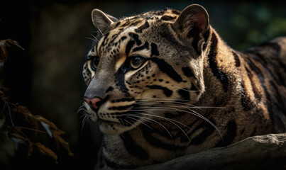 close up photo of clouded leopard on blurry bokeh forest background. Generative AI