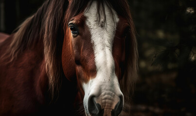close up photo of Clydesdale, heavy draft-horse breed on dark background. Generative AI