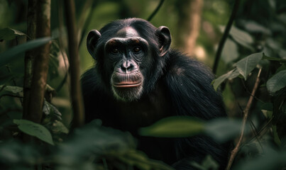 Wild and Curious Chimpanzee in the Heart of the Jungle - Experience the Raw Power and Intelligence of This Magnificent Primate. Generative AI