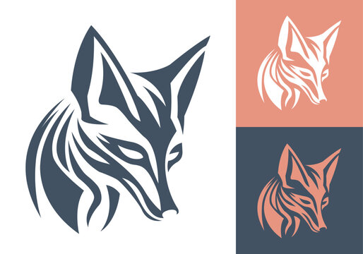 Fox head vector line art illustration isolated on dark and white background. Fox face business logo design template.