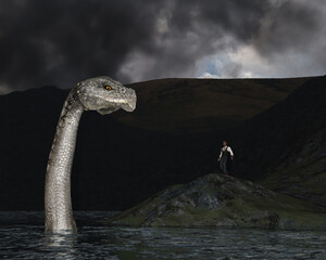 3d illustration of the Loch Ness Monster or similiar sea serpent lake monster cryptid © GARETH