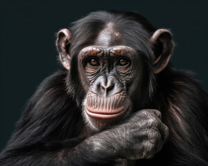 photo of chimpanzee isolated on dark green background. Generative AI