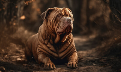 Fototapeta premium sunset photo of Chinese Shar-Pei on forest path in Autumn. Generative AI