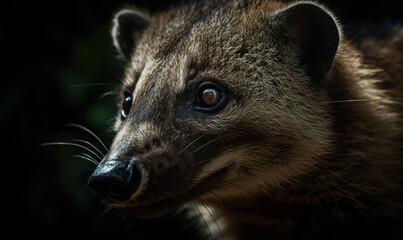 Obraz premium close up photo of coati (genus Nasua) on blurry forest background. Generative AI