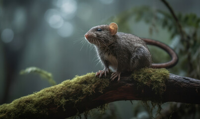 Photo of cloud rat, also called cloudrunner, perched on a branch amidst misty clouds in a lush rainforest. Generative AI