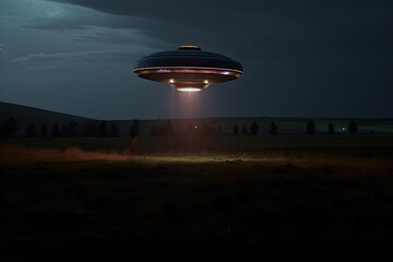 Fototapeta na wymiar UFO mother ship at night in an open field, image with bright colors. Ai generative.