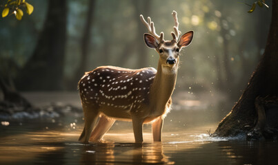 photo of chital, also called Spotted Deer standing in water at sunset. Generative AI