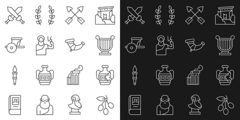 Set line Olives branch, Broken amphorae, Ancient lyre, Crossed arrows, Zeus, chariot, medieval sword and Hunting horn icon. Vector