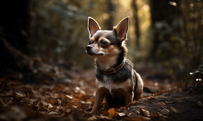 Naklejka na ściany i meble photo of Chihuahua dog sitting on a forest path. Generative AI