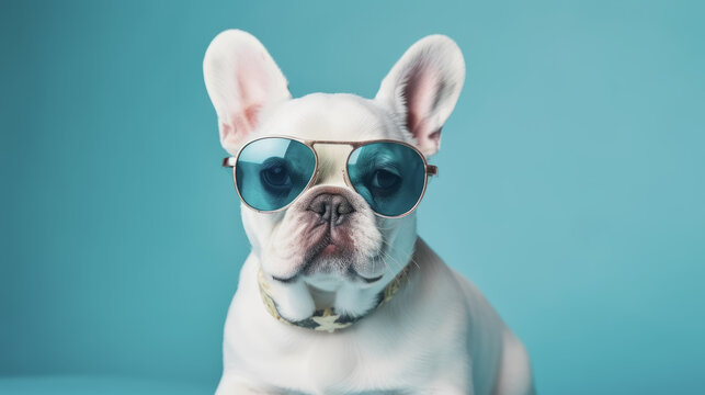  Perro Bulldog franc&eacute;s blanco llevando gafas de sol sobre fondo turquesa