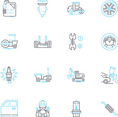 Vehicle maintenance linear icons set. Oil, Filter, Battery, Brakes, Tires, Alignment, Suspension line vector and concept signs. Engine,Transmission,Radiator outline illustrations