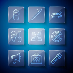Set line Megaphone, Interior fireplace, Flashlight, Burning car, Firefighter gloves, shovel and bucket, and No icon. Vector