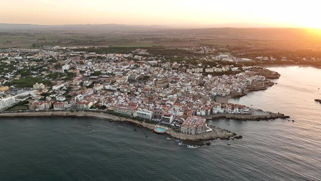 Drone view of coastline in l'Escala, Spain. Golden hour. Costa Brava