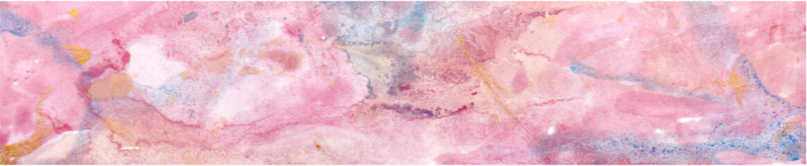 Watercolor pink and blue background. Watercolor hand draw aquarelle illustration with divorce splashes and gold blotches