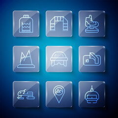 Set line Snowmobile, Location with mountain, Ski lift, Skates, Hockey helmet, Mountains, Christmas sweater and Ice hockey goal icon. Vector